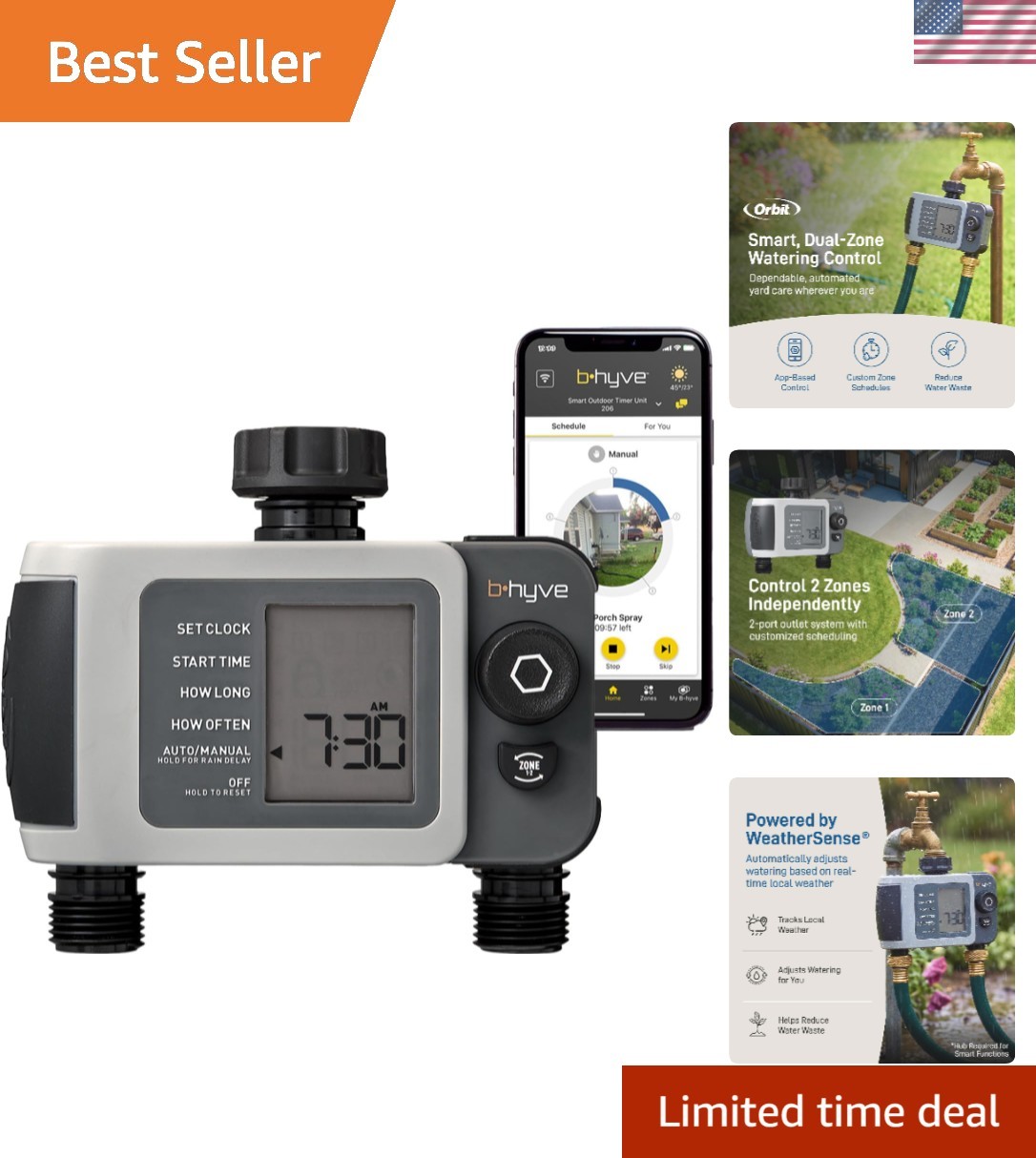 B-hyve XD 2-Port Smart Hose Watering Timer - Features Dual Outlet Irrigation ...