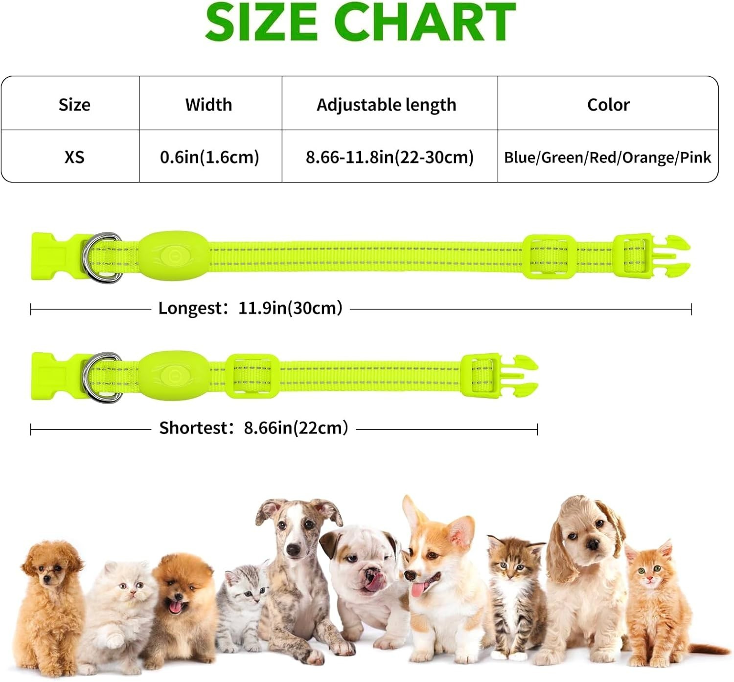 LED Dog Collar - USB Rechargeable, Reflective, Adjustable - XS, Green