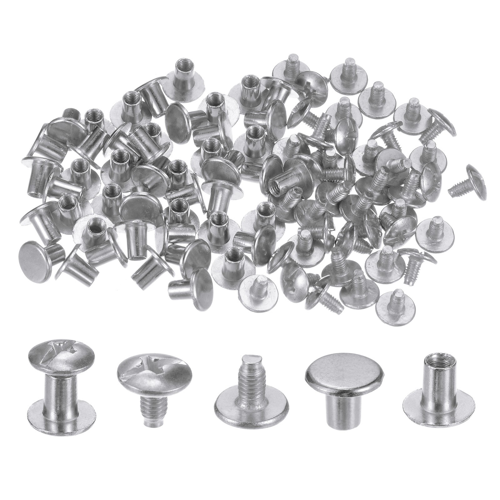 100set Round Flat Head Screws Buttons 5/16" Metal Stud Screw Rivets, Silver Tone