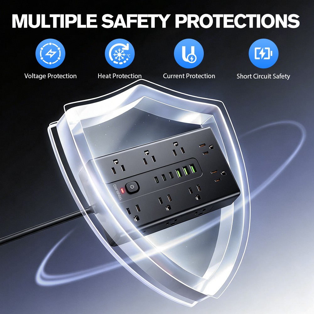 Flat Plug Power Strip with 16 Outlet Extension Cord USB Port Surge Protector