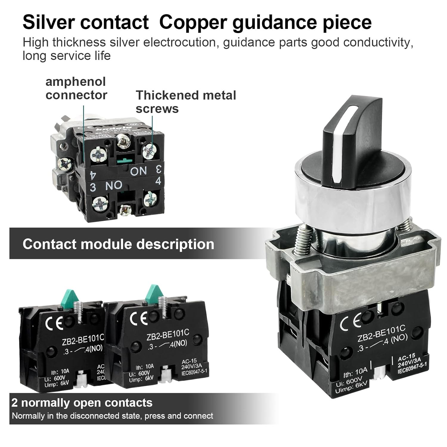 2Pack Black 3-Position Selector Switch 2NO Metal Head Switch Ith: 10A, Ui: 600V,