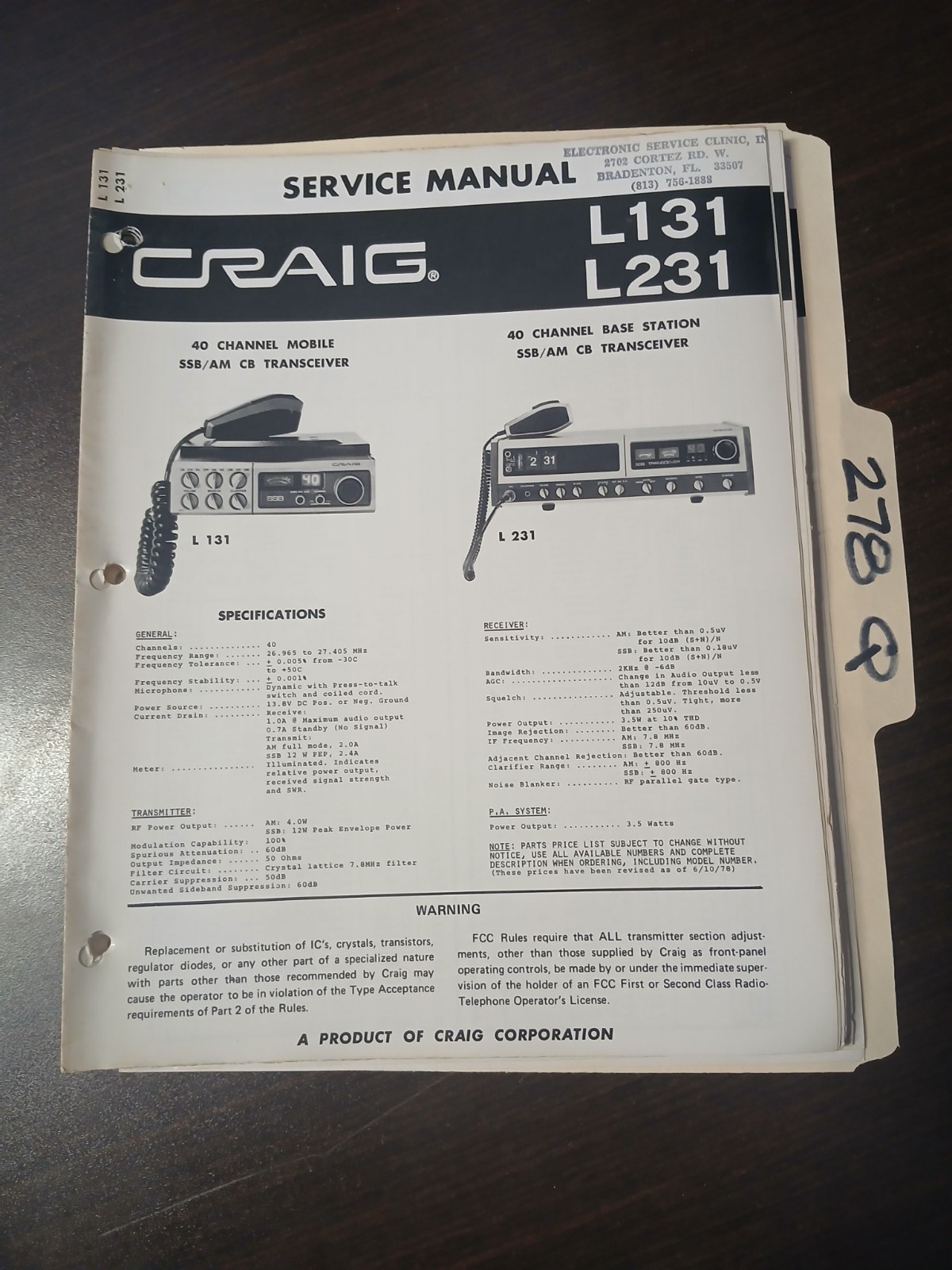 Craig L131 L231 Service Manual Original Repair Book SSB AM CB Transceiver
