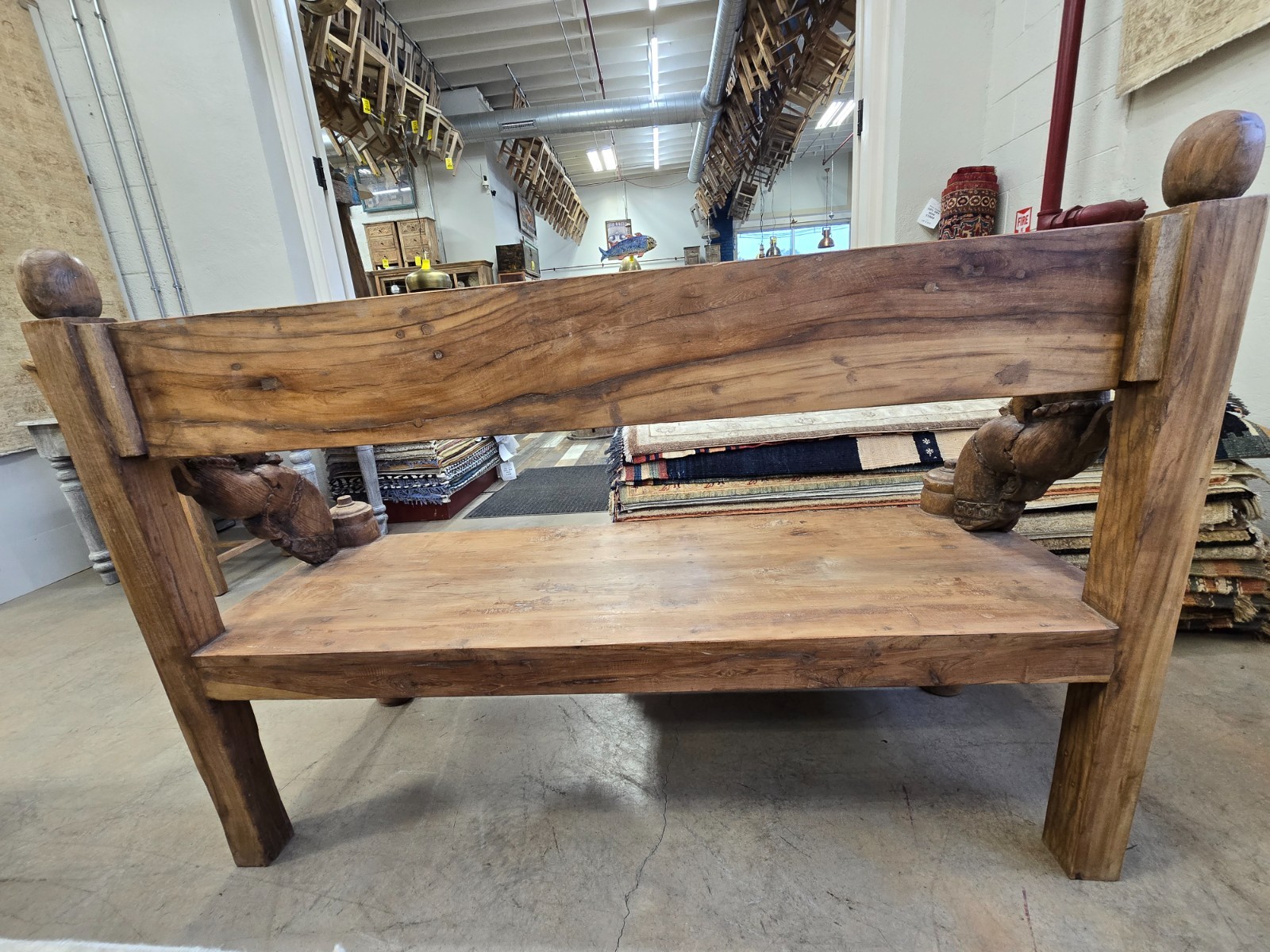Reclaimed solid wood bench with floral carving design