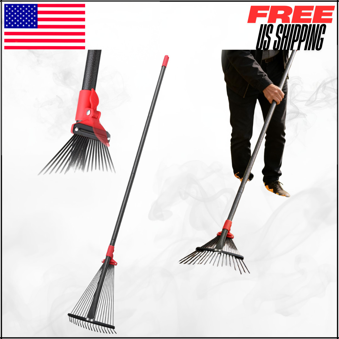 Adjustable Garden Rake 55" Long Handle 18 Tine Metal Expandable Head 8-17"