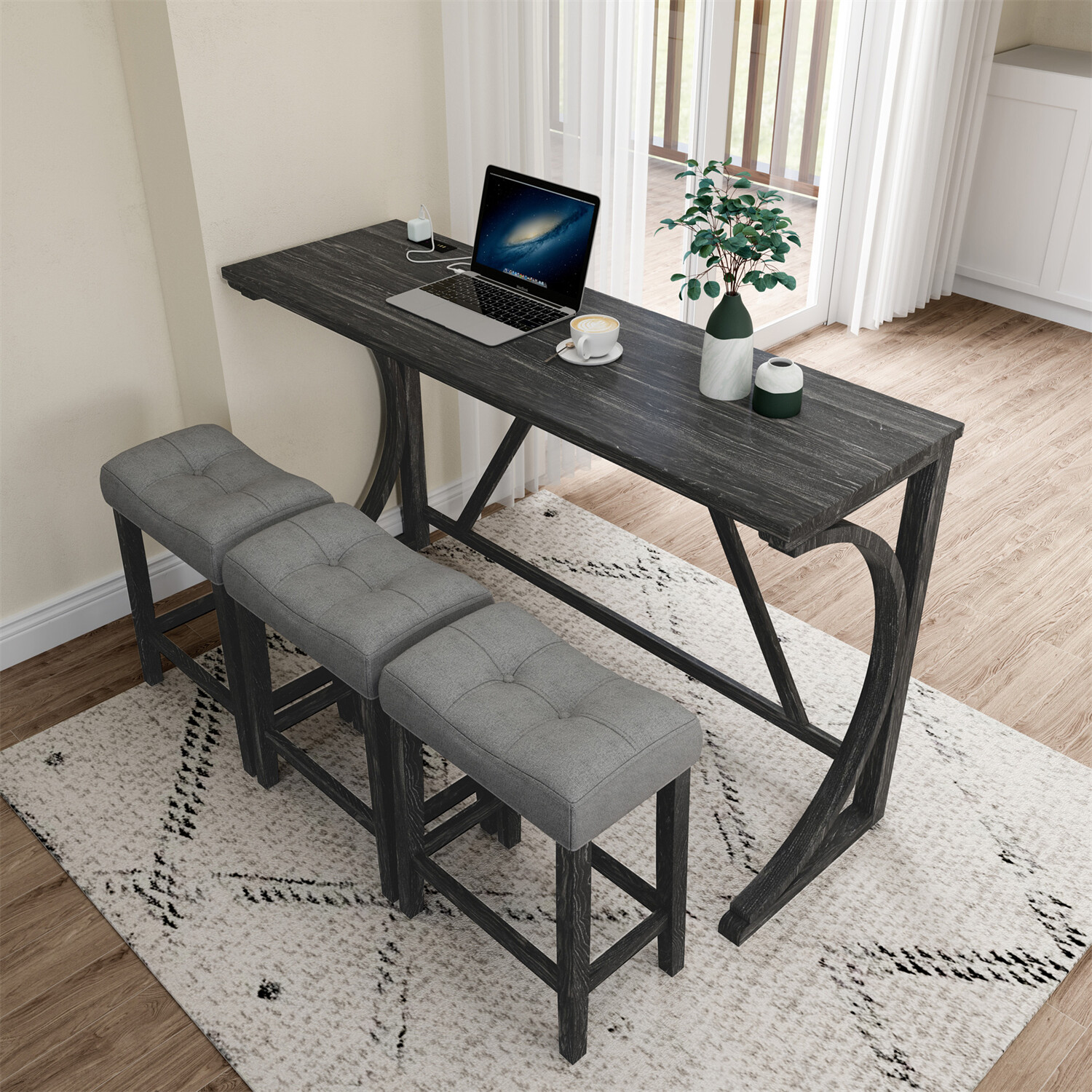 4 Piece Bar Table Set Counter Height Kitchen Dining Table w/ 3 Bar Stools US