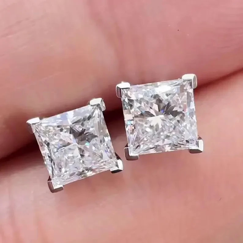 14K White Gold Perfect 8CT Princess Shape Cut Lab Grown Diamond Stud Earrings