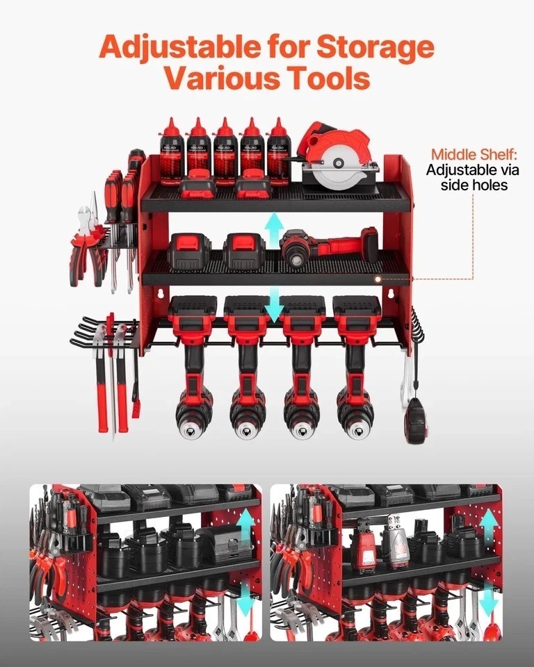Power Tool Organizer Wall Mount 3-Layer Drill Storage Rack 4 Drill Holders