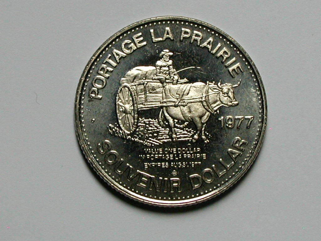 Portage La Prairie MB CANADA 1977 Voyageur Trade DOLLAR Token with Ox Wagon