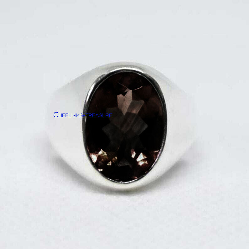 Natural Smoky Quartz & CZ Gemstones with 925 Sterling Silver Ring For Men #C66