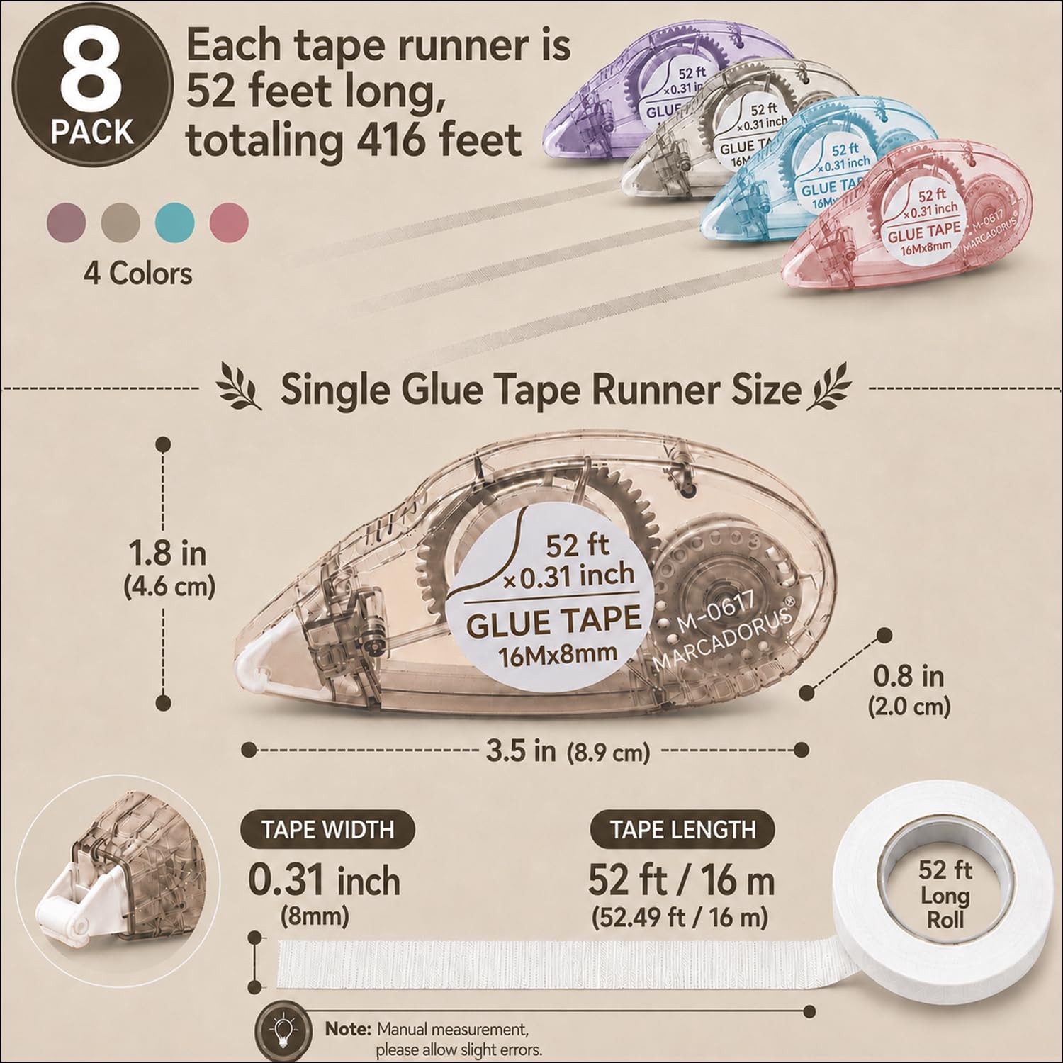 MARCADORUS Double Sided Tape Roller 8 Pack 52 Ft Each