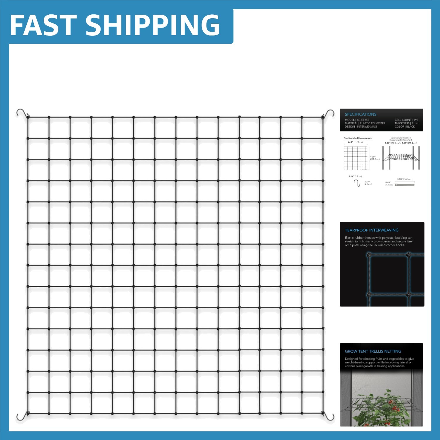 Flexible Hydroponics Trellis Netting 5x5 with Steel Hooks for Secure Support