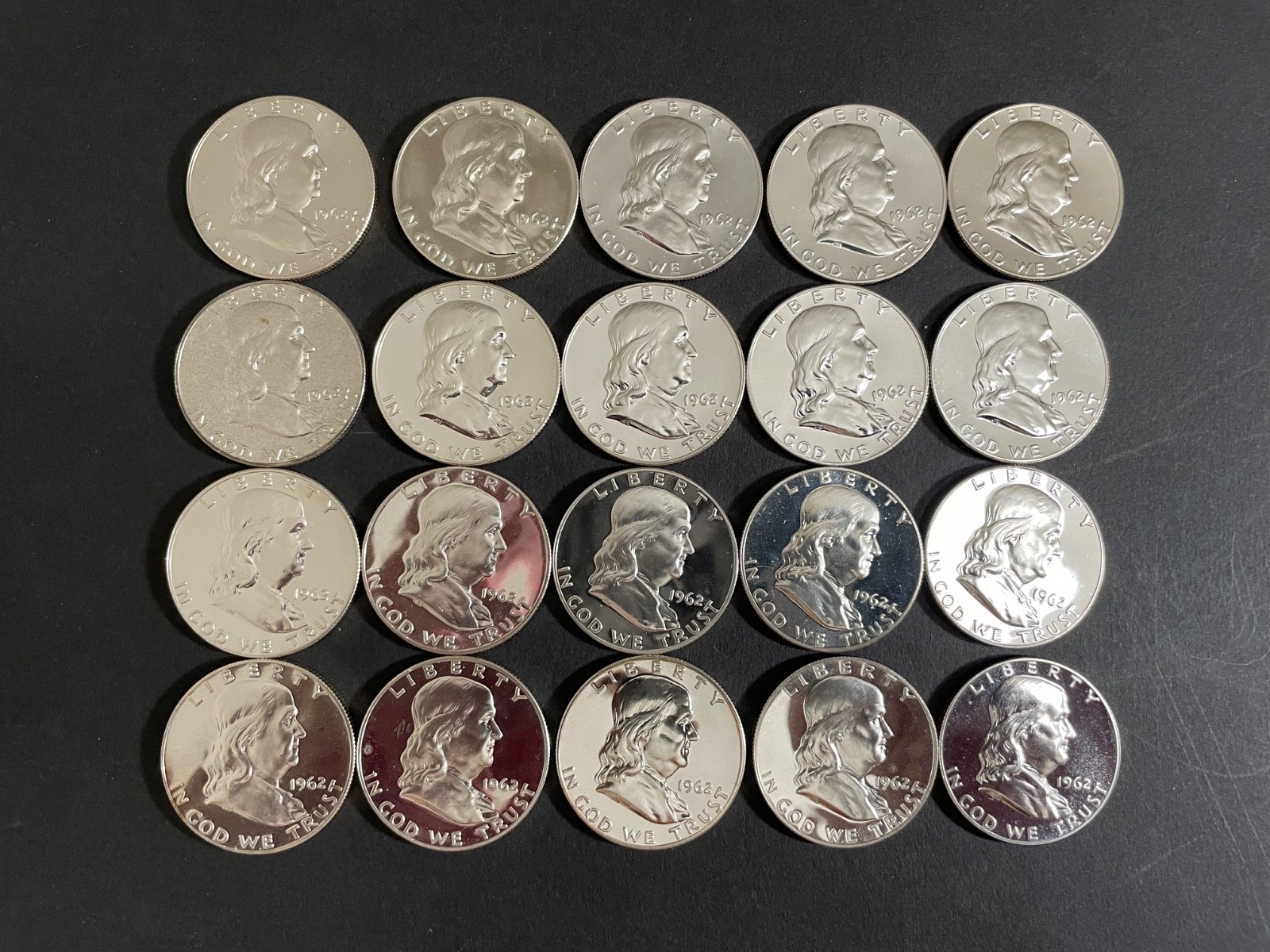 20 Coin Roll 1962 Franklin Half Dollar Proofs Brilliant SILVER PROOF GEM