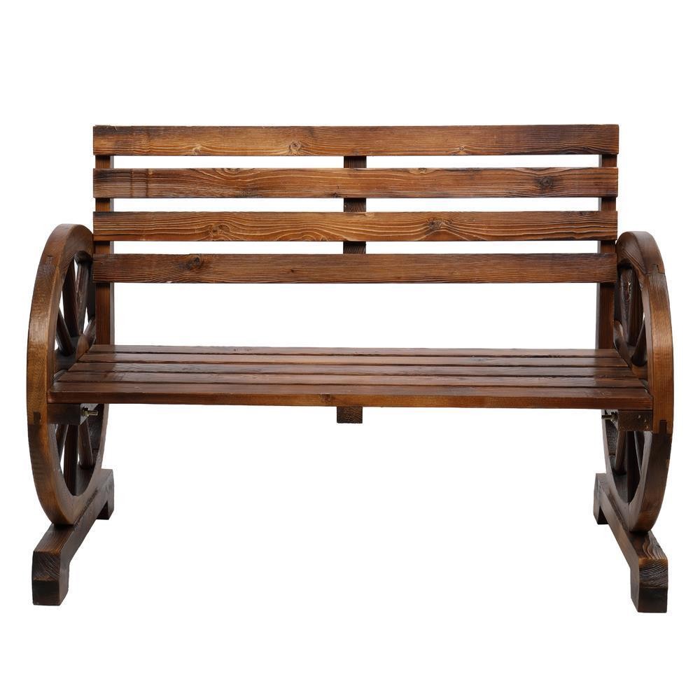 Wagon Wheel Wooden Bench Seat Chair Loveseat Patio Garden Brown Home & Garden