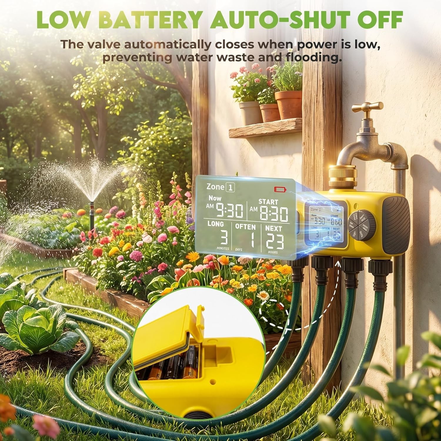 4-Zone Programmable Digital Smart Water Timer w/ Brass Inlet, Rain Delay, Anti-R