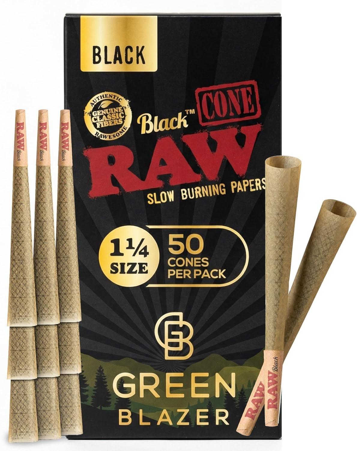 RAW Black Cones  1-1/4  Green Blazer | 50 Pack | Slow Burning w/ Pre rolled tips