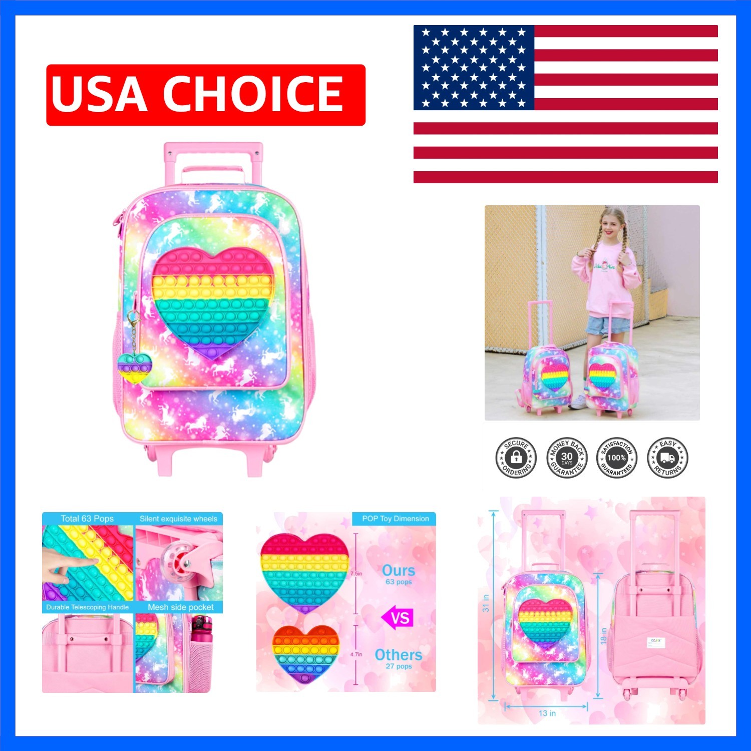 Kids Luggage for Girls, Cute Unicorn Suitcase Rolling with Wheels, Travel Car...