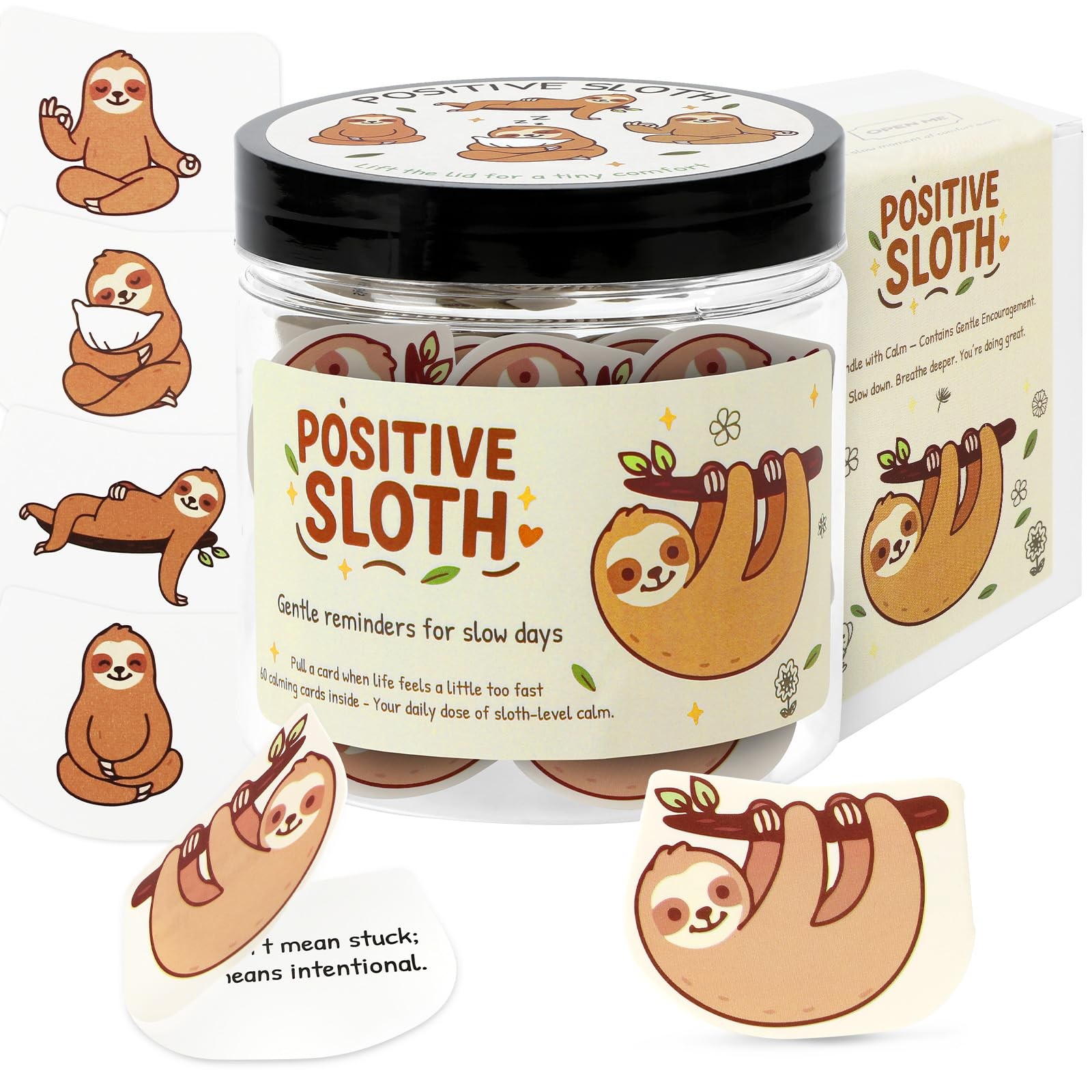 JULEASEL Positive Sloth Cards Jar – 60 Cute & 10 Ounces, Yellow, Green, Black