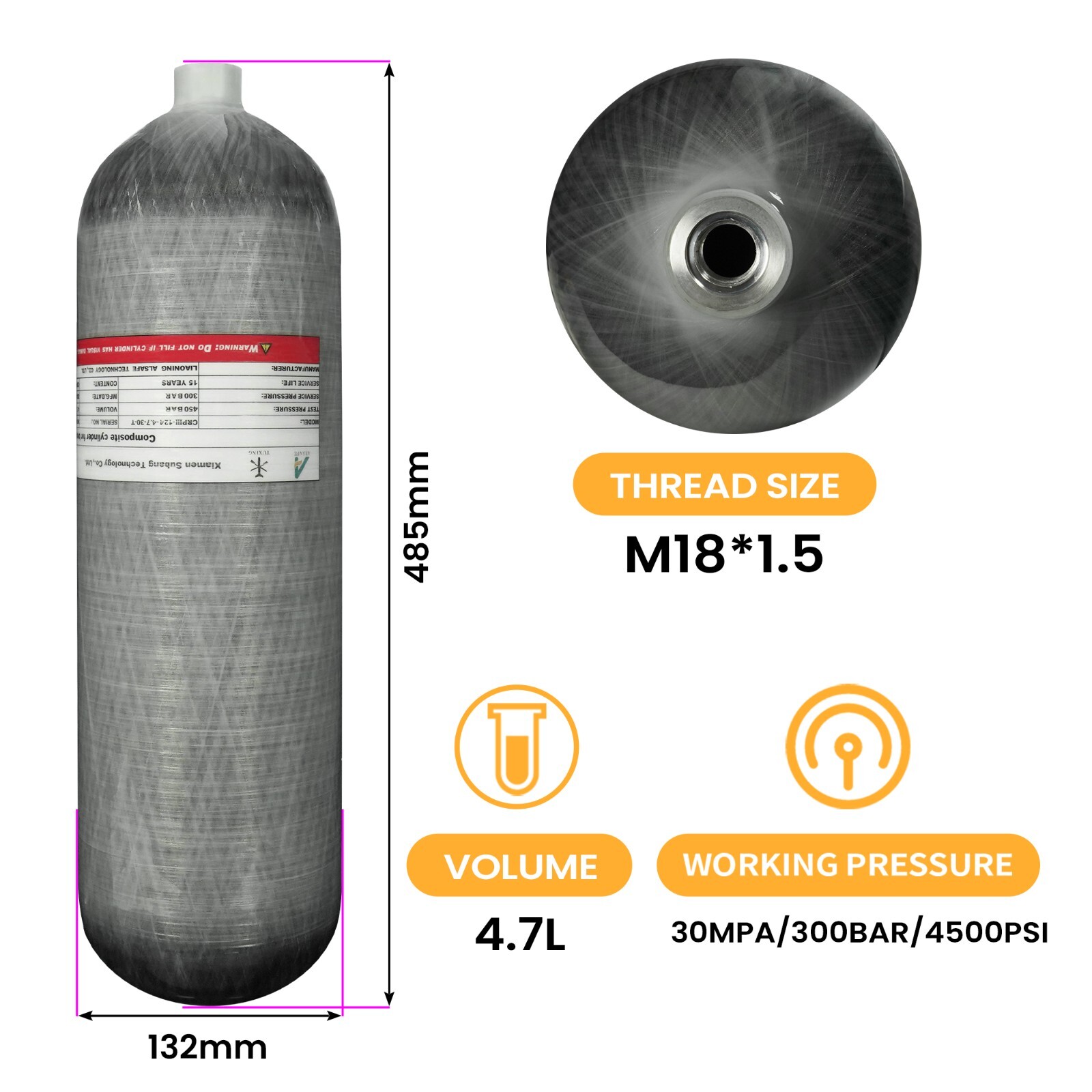 TUXING 4500PSI/300BAR Pcp Air Tank 4.7L/4700cc Carbon Fiber HPA Tank M18*1.5