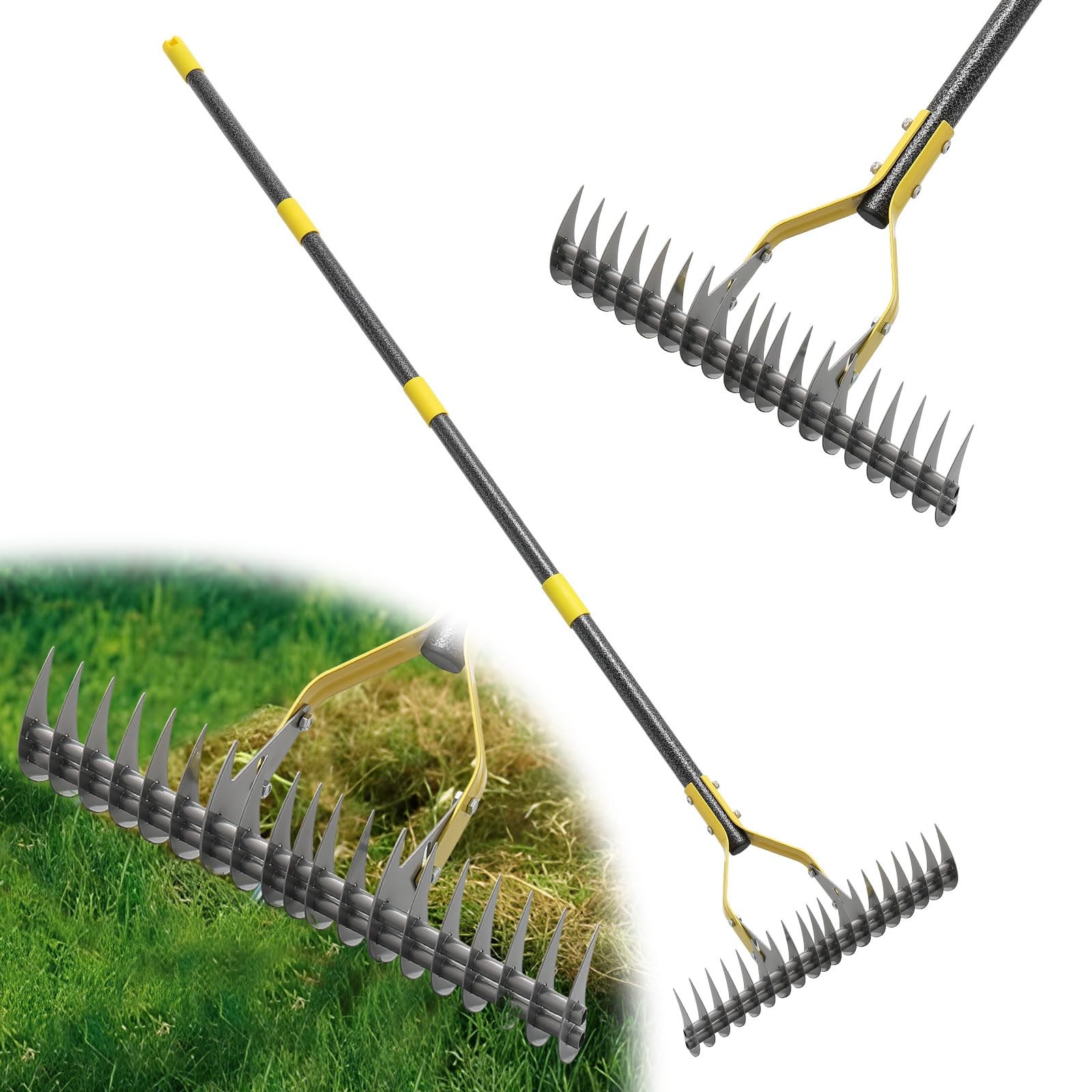 Heavy Duty 69-Inch Thatch Rake for Lawn Care, Grass Removal, Soil Leveling