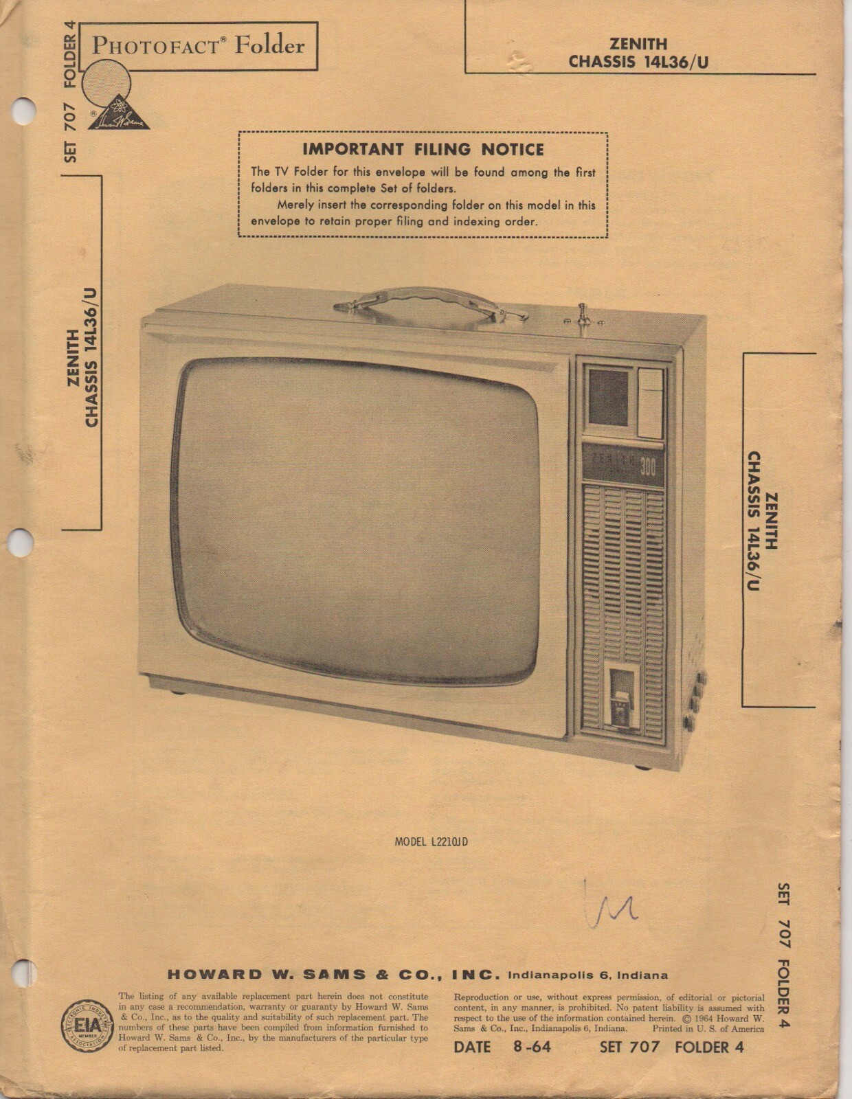 1964 ZENITH 14L36 TELEVISION SERVICE MANUAL PHOTOFACT SCHEMATIC 14L36U REPAIR