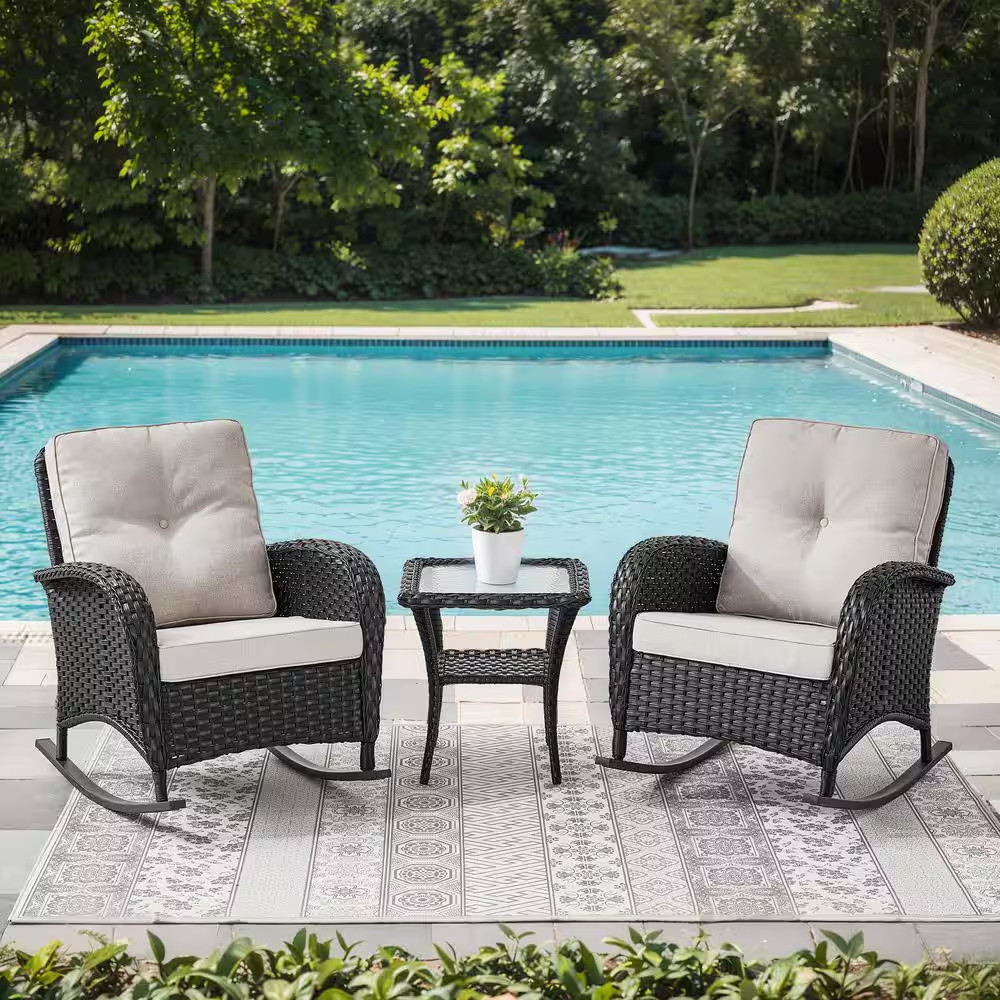 Sleekarm Black 3-Piece Wicker Outdoor Rocking Chair with Beige Cushions and Side