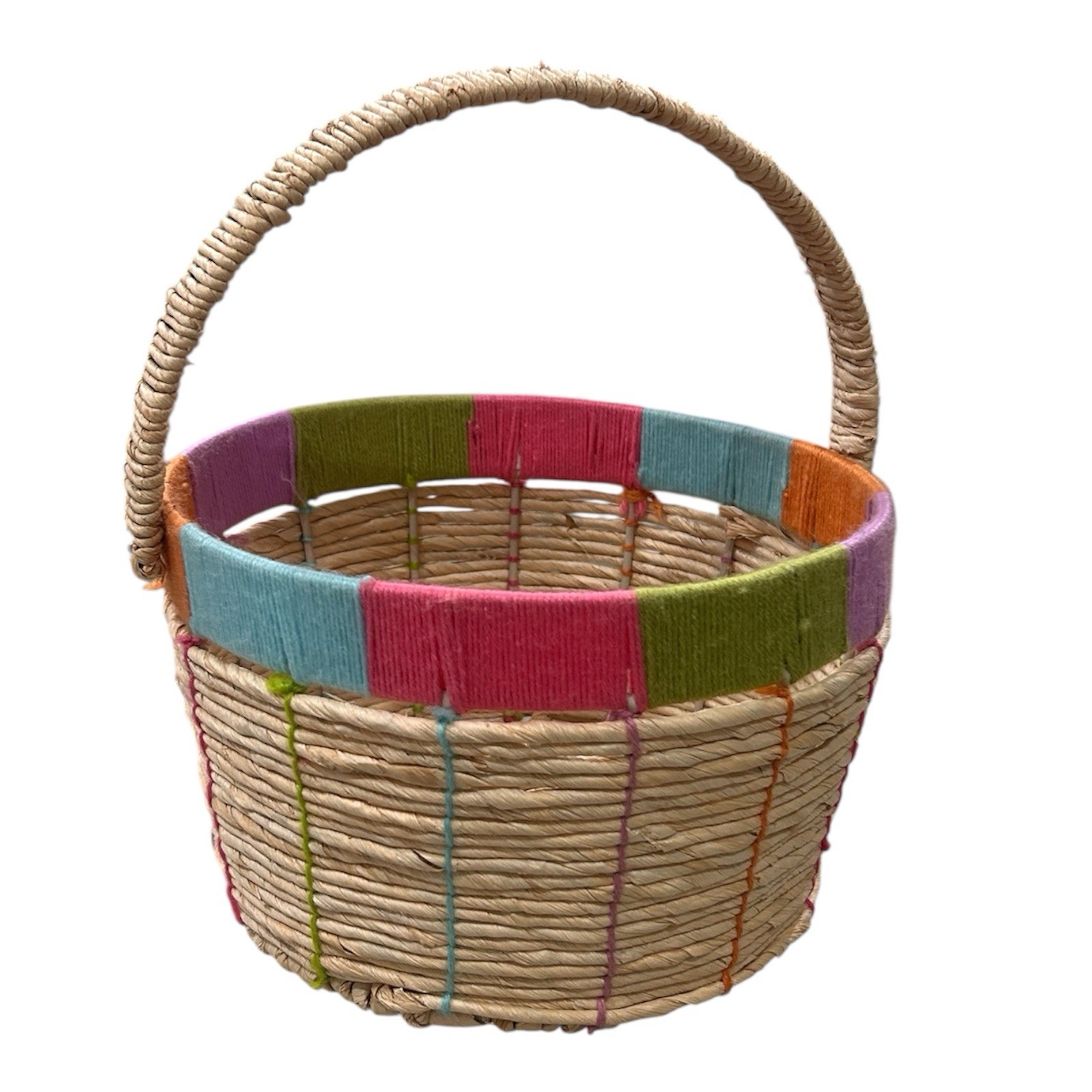MCM Easter Corn Husk & Wire Woven Egg Basket Pink Braided w/ Handle 9.5” x 10”