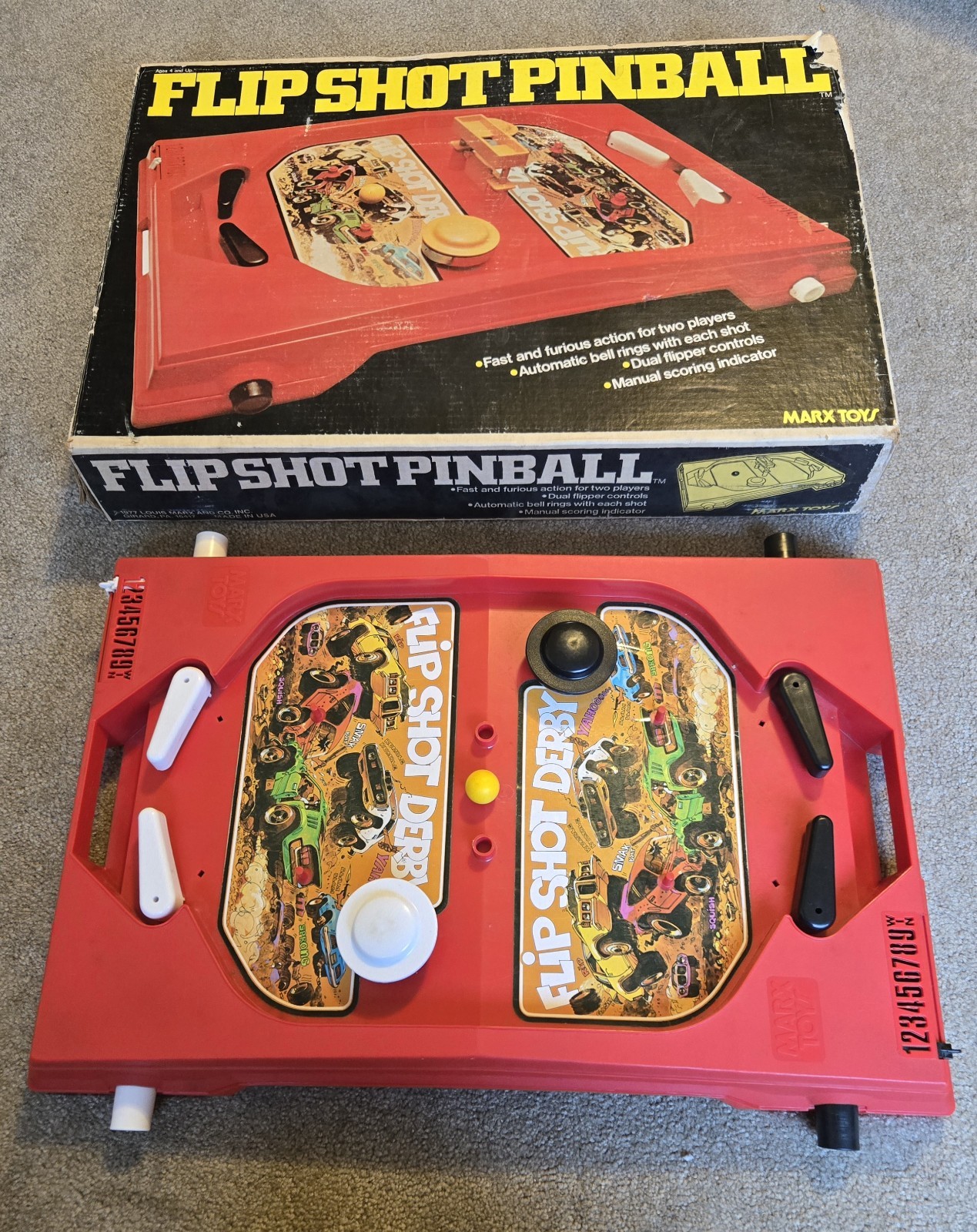 Vtg 1977 Marx Toys FLIP SHOT DERBY PINBALL Game w/Box *Missing Ball Drop Piece*