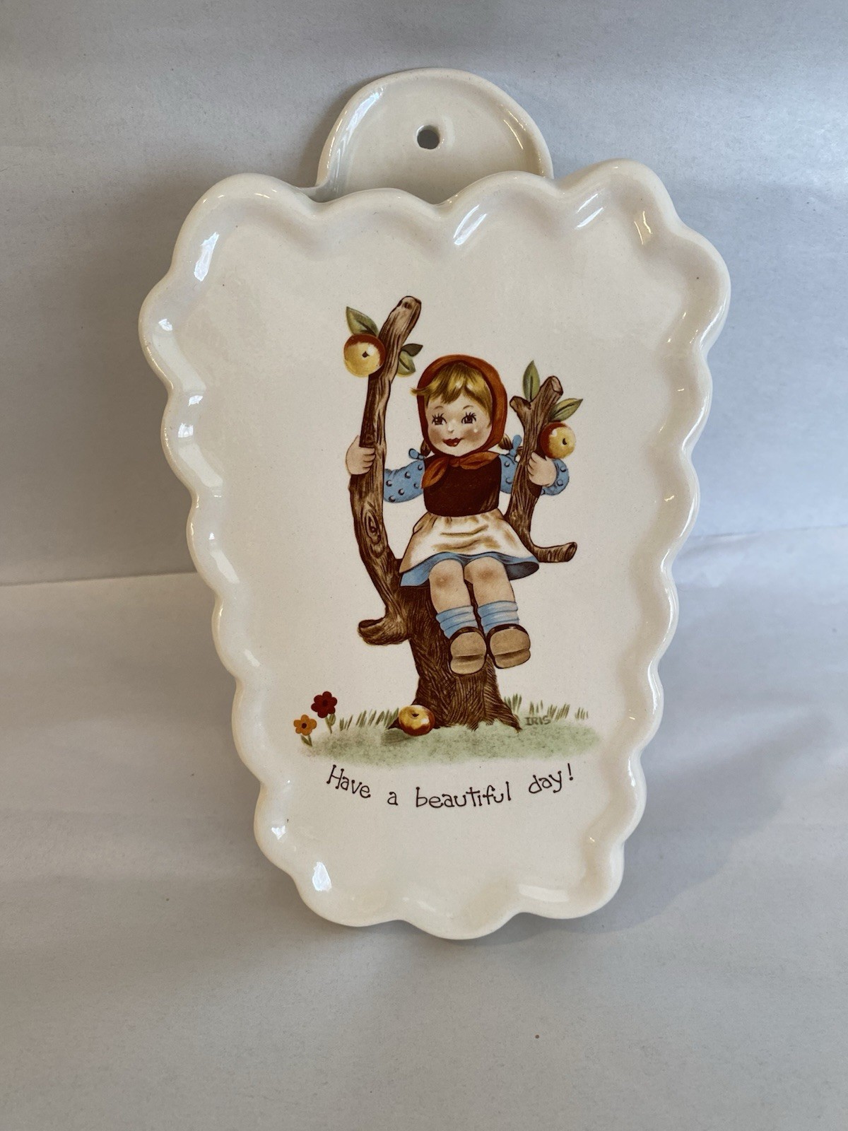 Vintage Ceramic Wall Pocket Girl In Tree - “Have A Beautiful Day”