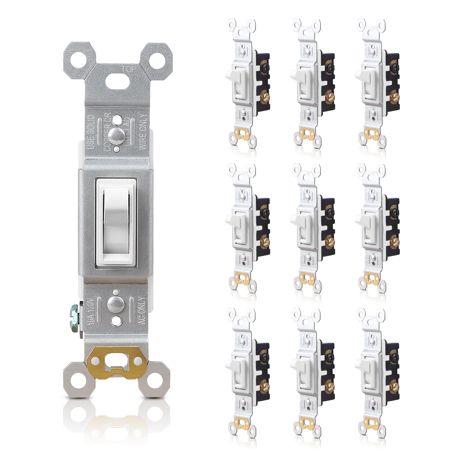 10 Pack White Toggle Light Switch, Single Pole, 15 Amp, 120V, Self-Grounding