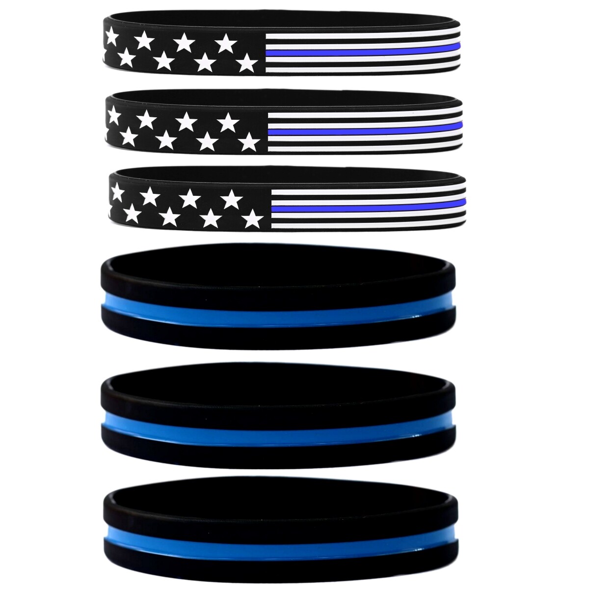 3 Thin Line Wristbands and 3 Blue Line Flag Bands = 6 Bracelets Total Pick Size