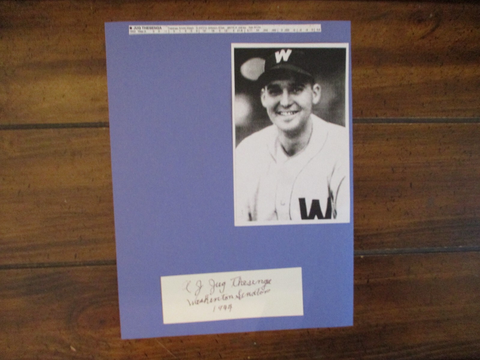 "JUG" THESENGA(Died-2002)Signed Trimmed Index Card w/8 x 11 Display w/Photo/Obit