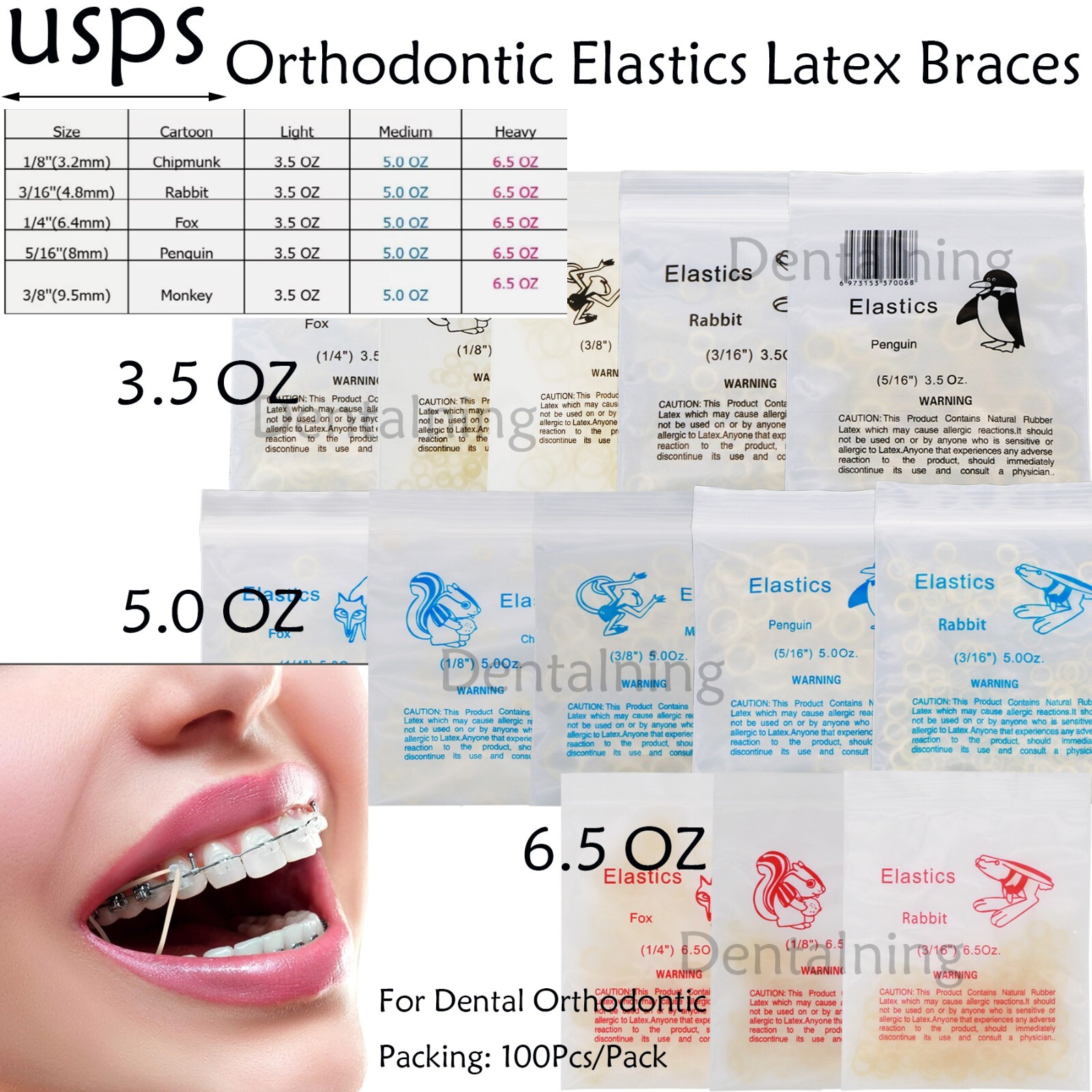 US Dental Ortho Elastics Latex Braces Orthodontic Rubber Bands 3.5 5.0 6.5 OZ