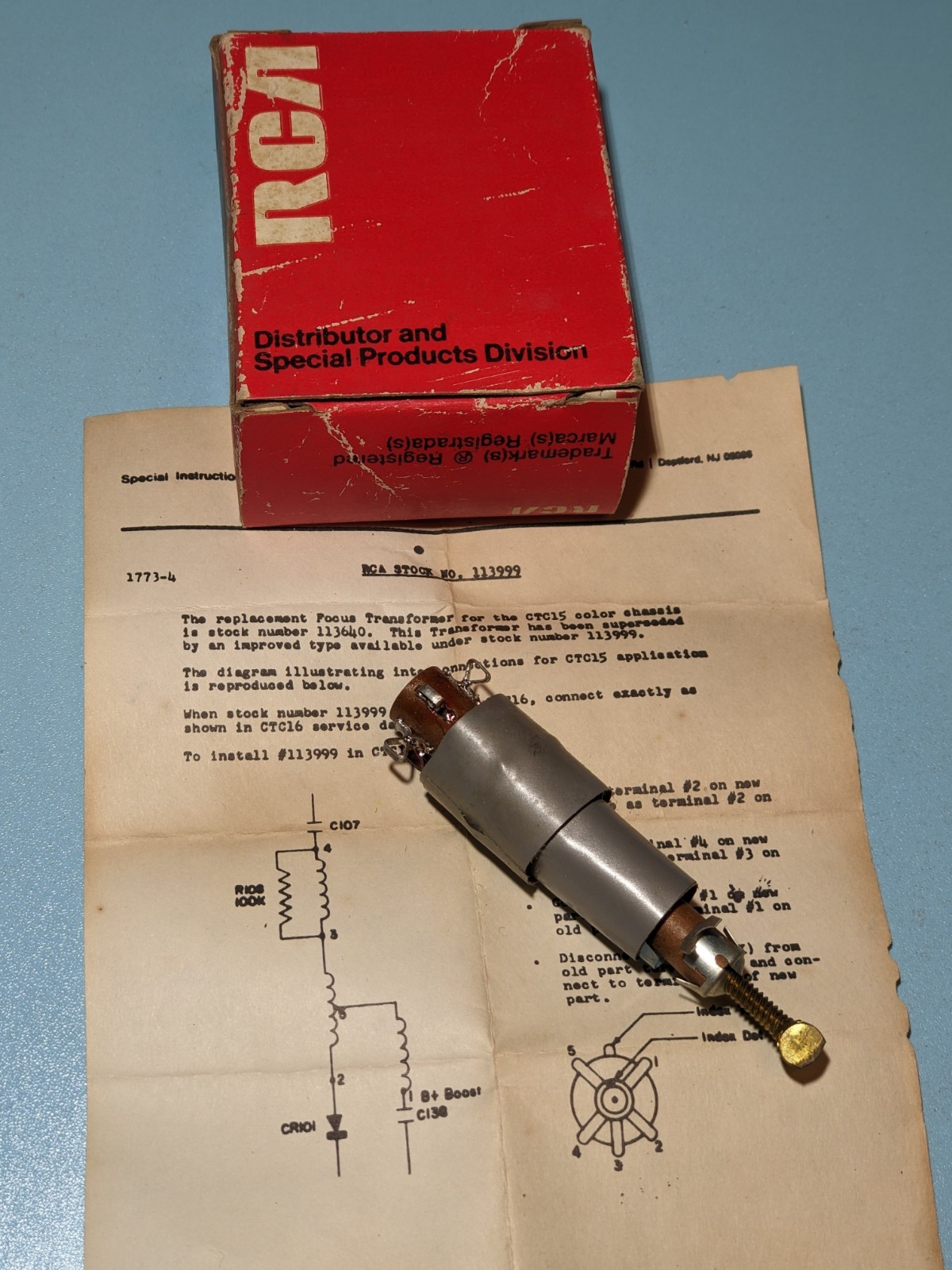 RCA 113999 Focus Transformer Coil CTC15 CTC16 Color TV NOS w/ Instructions