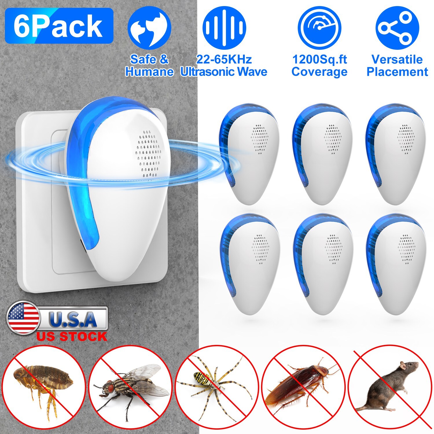 6PCS Ultrasonic Pest Insect Electronic Plug-In Rat Cockroach Bug