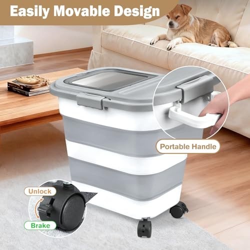 Airtight Collapsible Rice Storage Container 10-40 Lbs, Pet Food Bin with Scoop