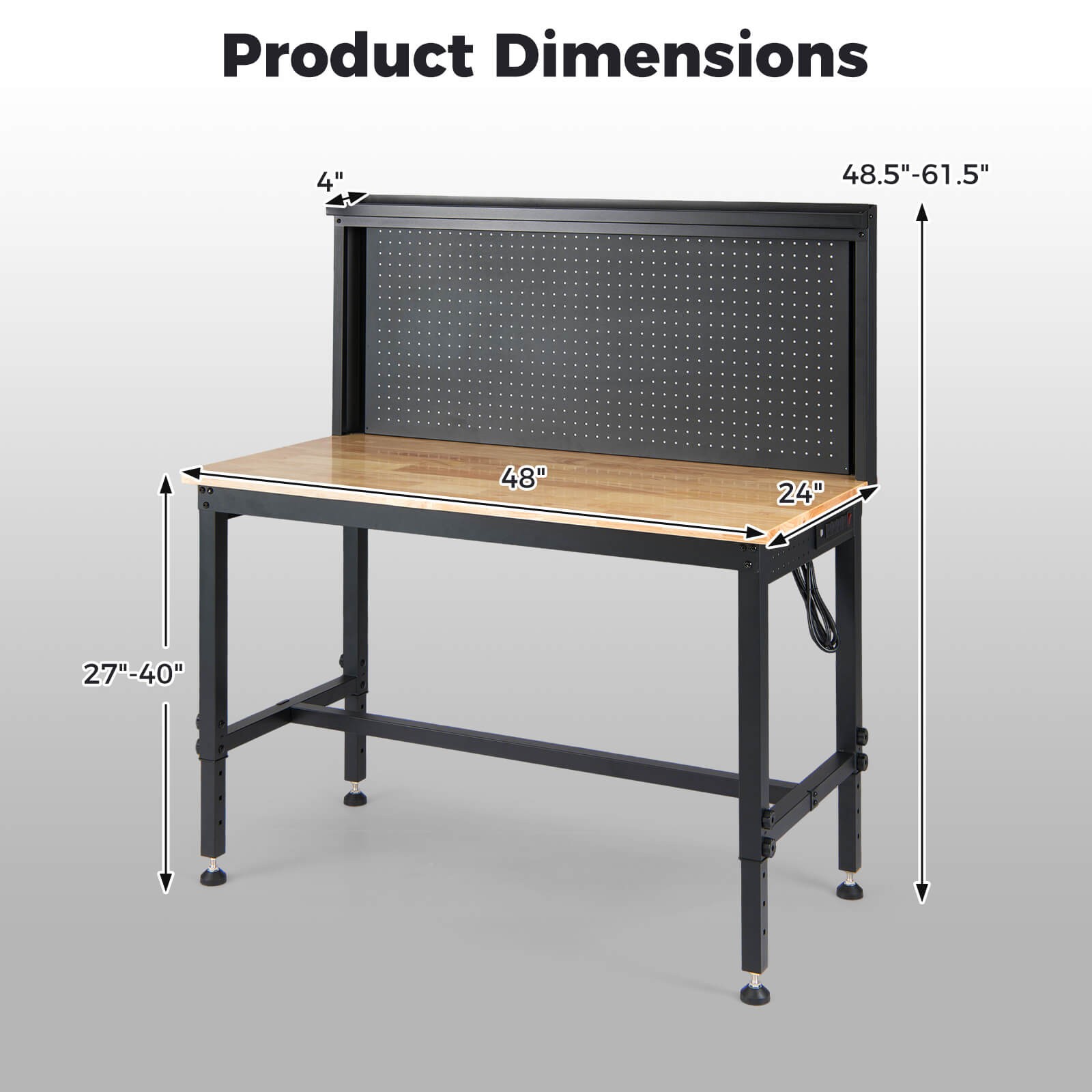 48” Adjustable Height Rubber Wood Top Work Tool Bench with Storage Shelf