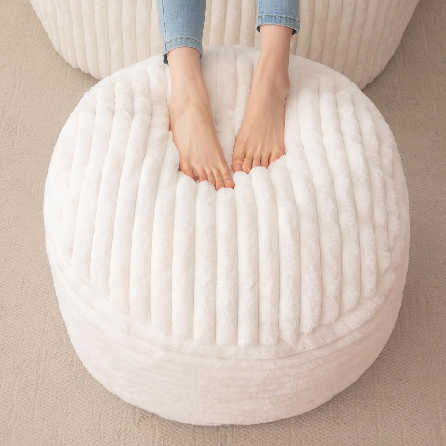 Round Stuffed Pouf Ottoman Stripe Faux Fur Poufs W/ Foam Chunk Filling Furry &