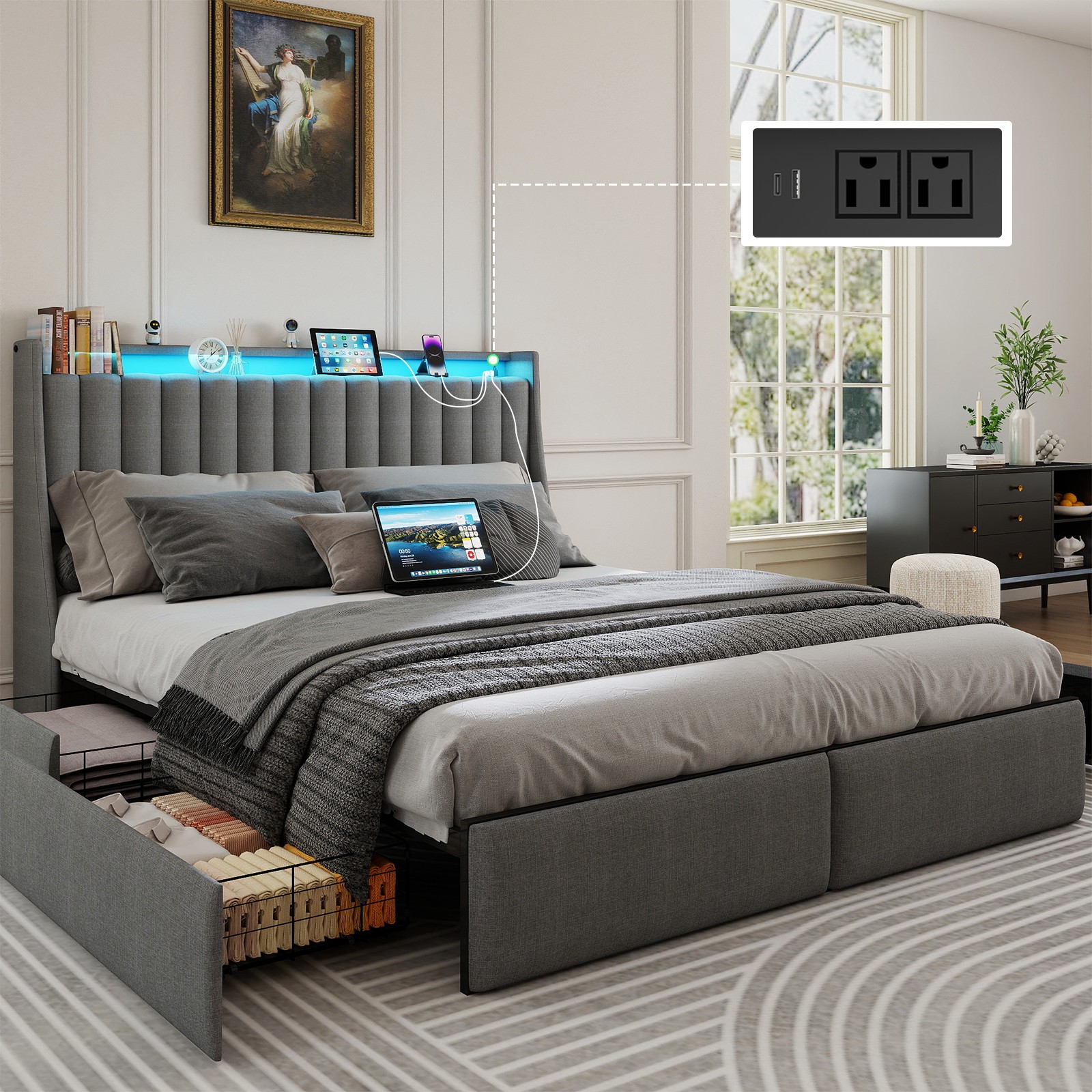 Full Size Bed Frame Platform and Upholstered Headboard with 4 Storage Drawers