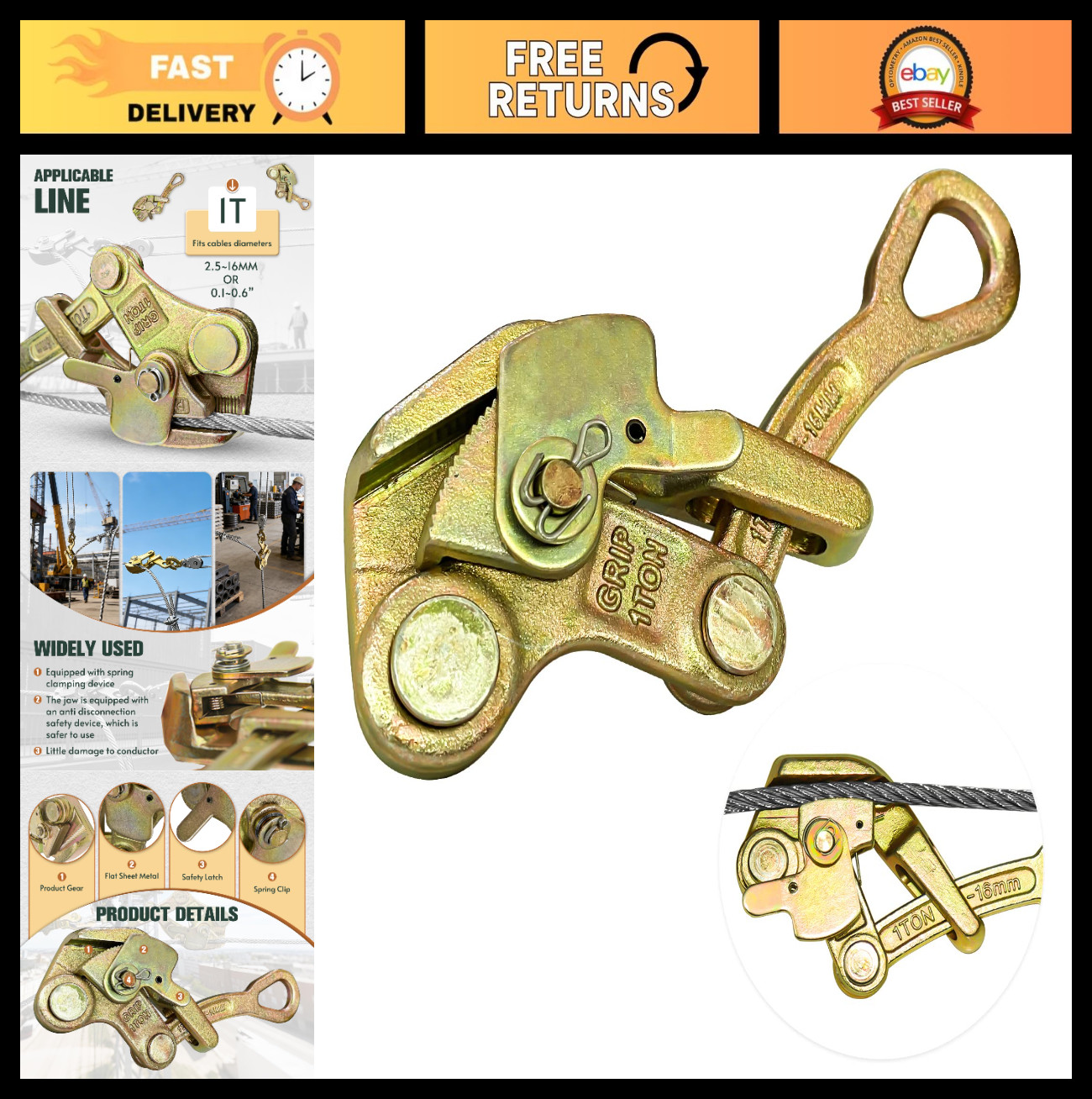 2200lb Cable Grip Steel Wire Puller Tool, 1 Ton Capacity, for 2.5-16mm Rope