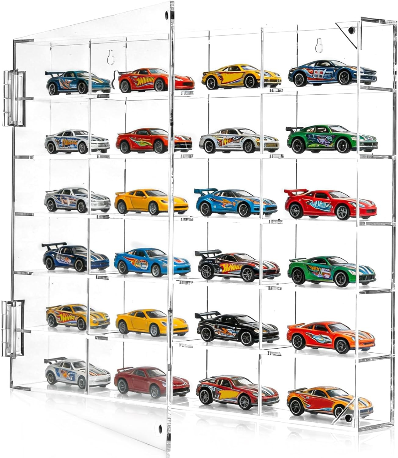 Acrylic Display Case for 24 Hot Wheels 1/64 Scale Diecast Cars, Wall Mount or De