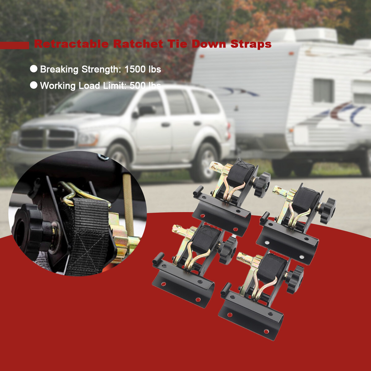 4x Angle Mount Ladder Rack Ratchet Tie Down Straps w/ J-Hook 1.5x7.5 Retractable