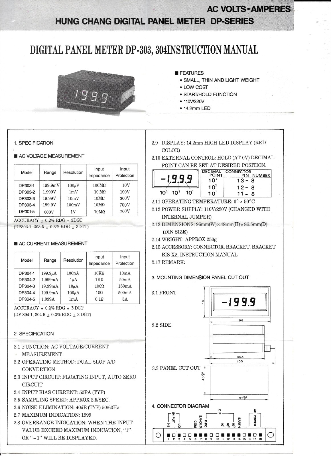 Hung Chang Digital Panel Meter DP-303-5, + 600VAC, New
