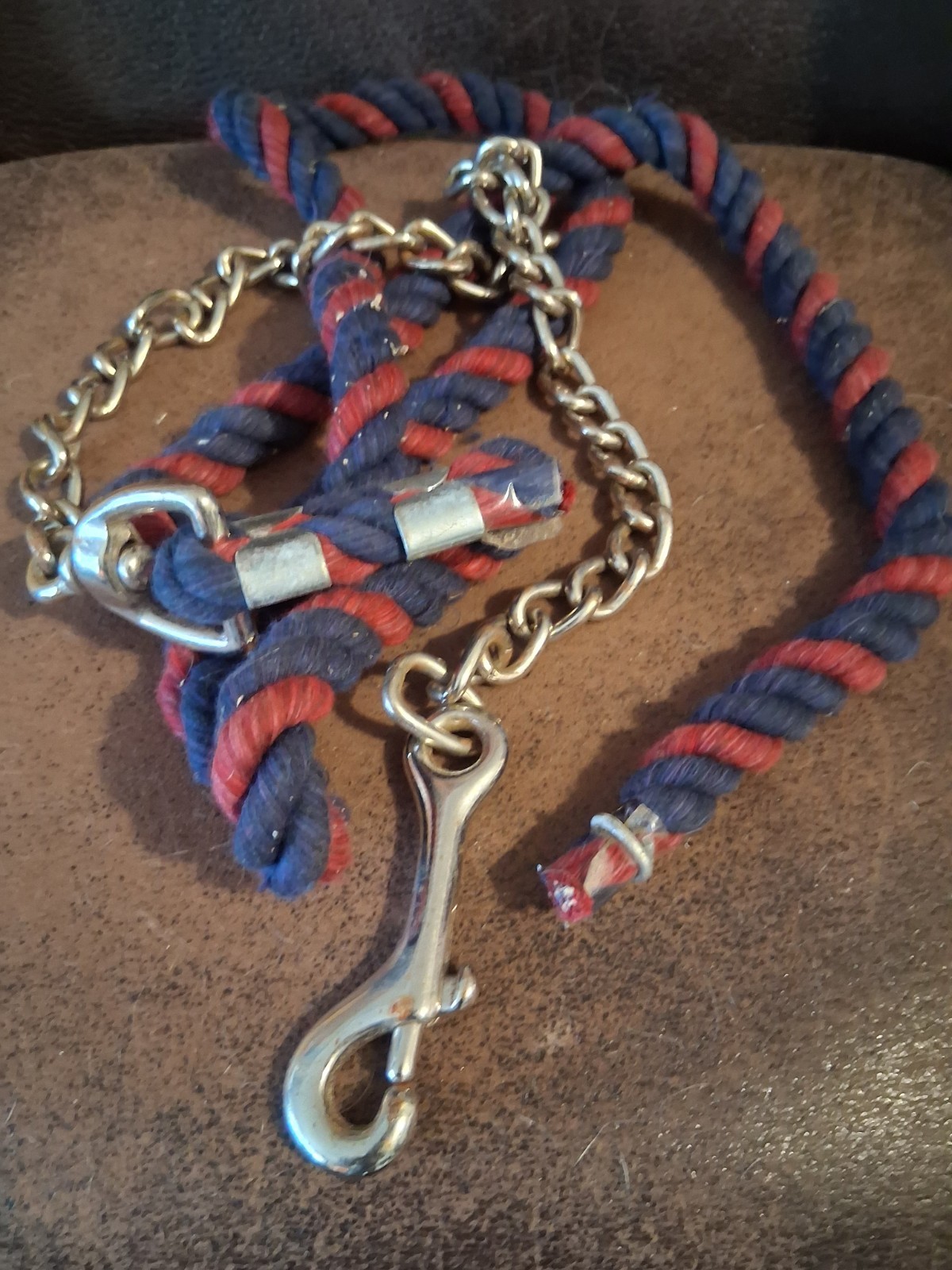 Shank Rope Lead, Maroon & Blue w/Silver Chain & Clip
