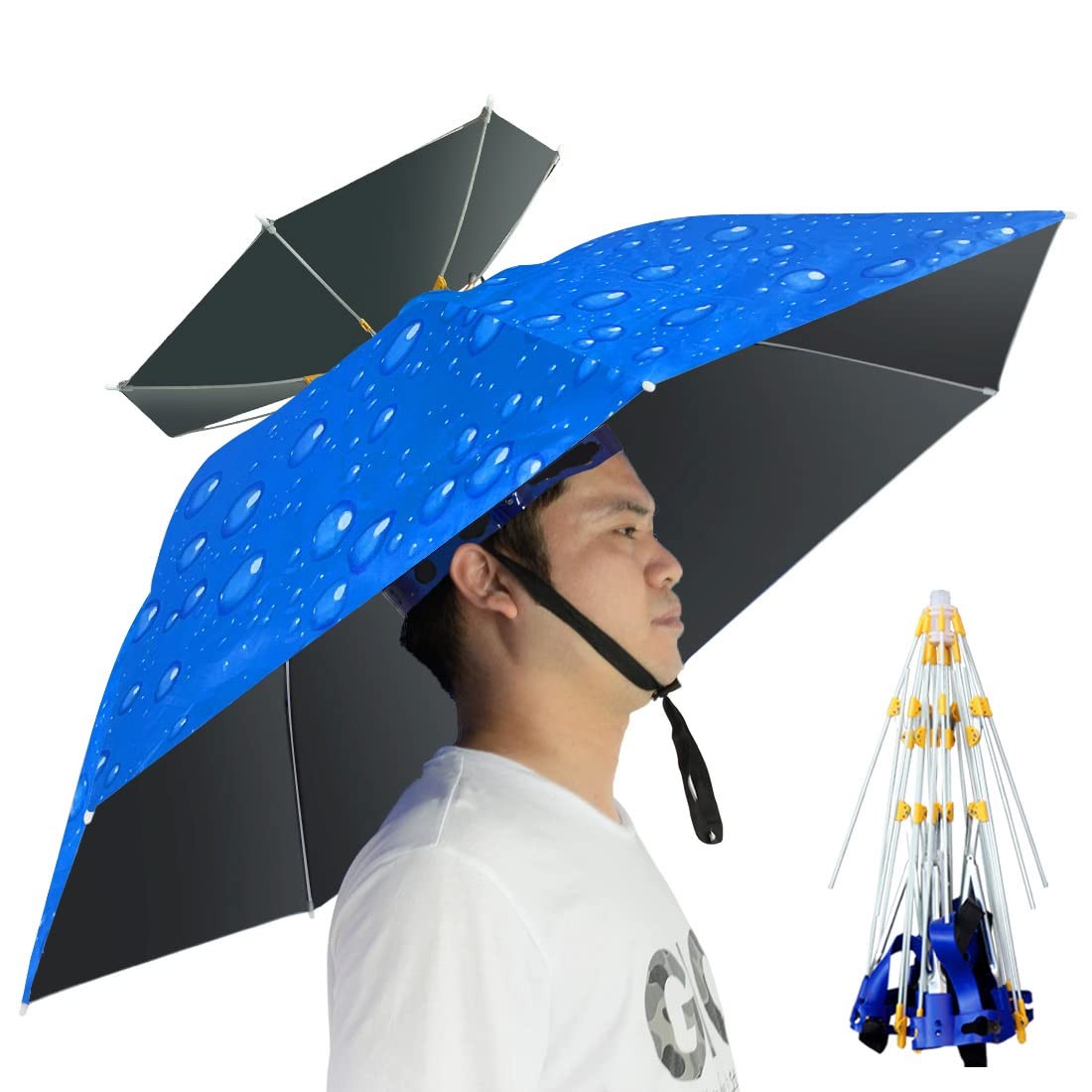 NEW-Vi Umbrella Hat Folding Adjustable Sun Rain 37.4 inch, Water Drop/Black