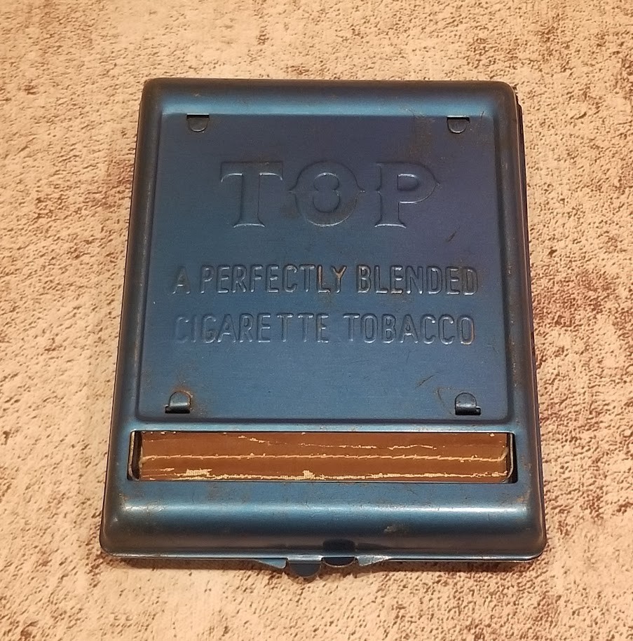 Vintage Top Roller 'Perfectly Blended Cigarette Tobacco'-Embossed Blue Metal Tin