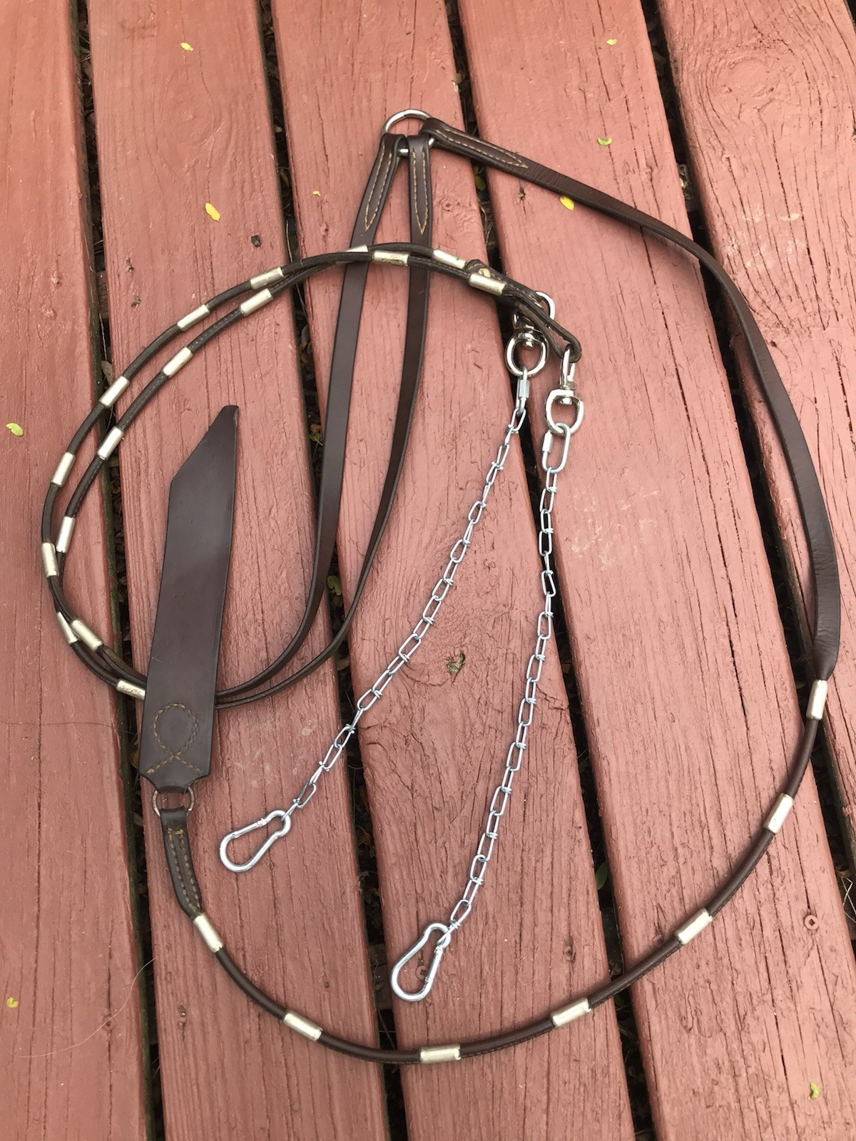 USED VINTAGE WESTERN LEATHER ALPACA SILVER FERRULES W/CHAINS ROMEL REINS