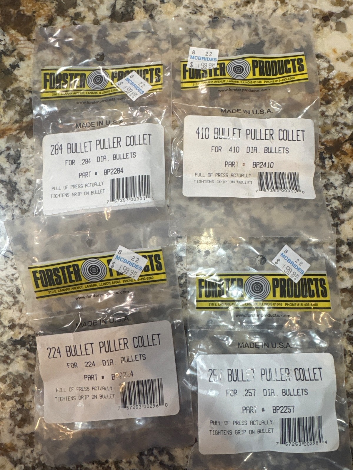 FOUR FORSTER BULLET PULLER COLLETS, BP2284, BP2224, BP2410, BP2257 NEW