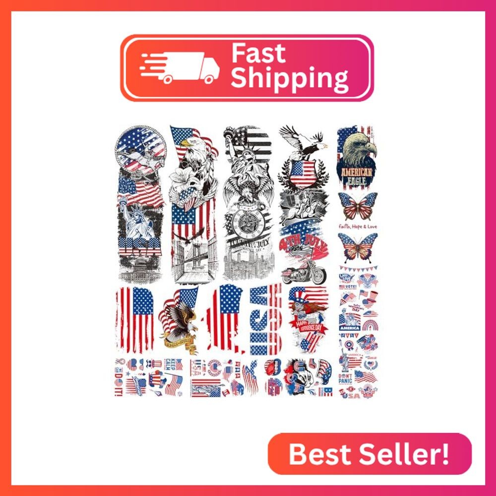 CHARLENT 4th of July Temporary Tattoos Full & Half Arm