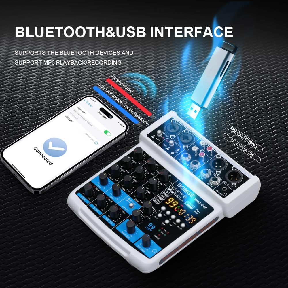 4-Channel Audio Mixer with USB, Bluetooth, 48V Phantom Power & 99 DSP