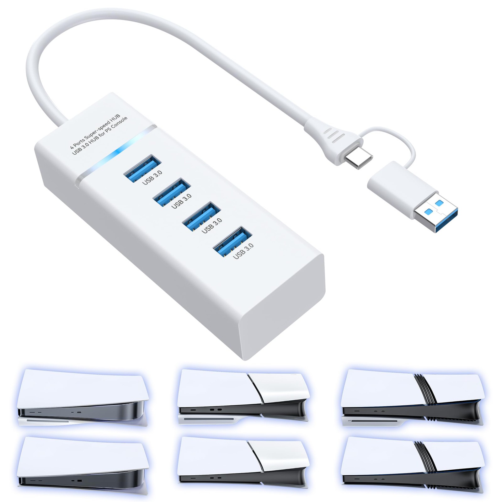 USB Hub for PS5 4-Port USB 3.0 Splitter Hi-Speed USB Charging Hub PS5 USB Por